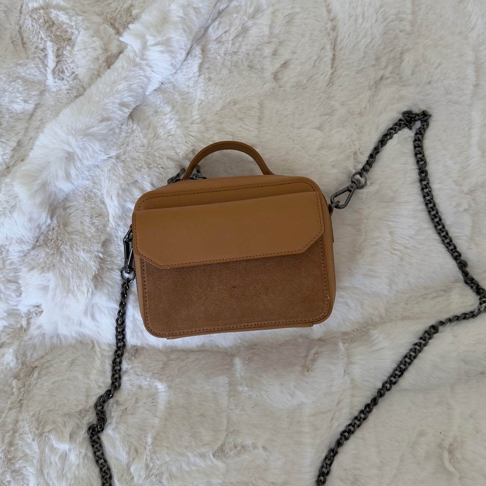 7 For All Mankind Tan Leather & Suede Crossbody with Gunmetal Chain